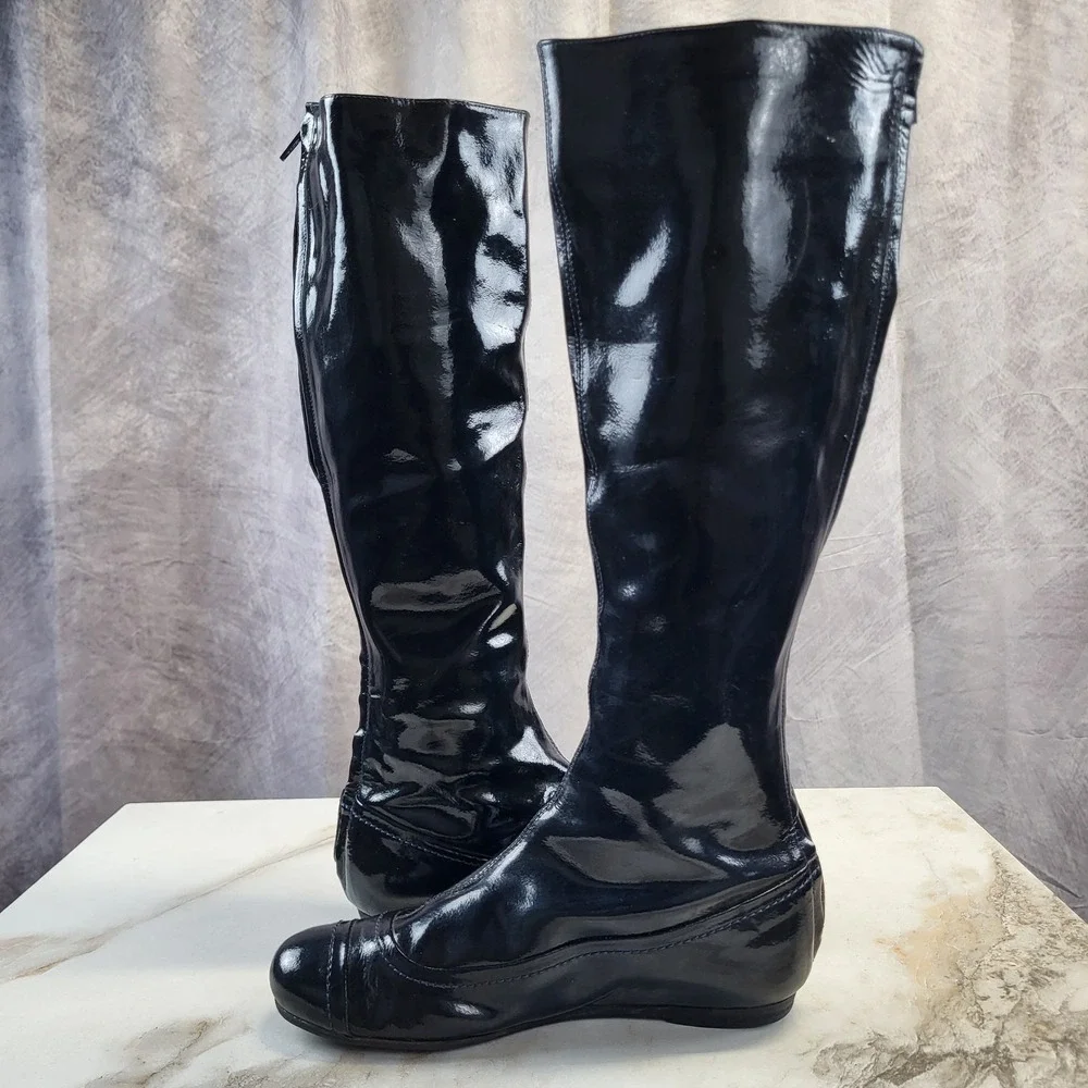 Lanvin Patent Leather Knee High Back Zip Boots Dark Blue Women's Size 6